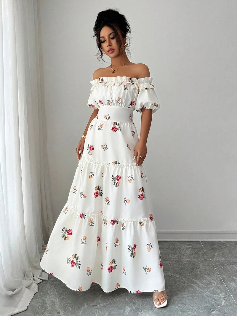 

Summer new style fresh floral skirt women's dress elegant fashion ruffle splicing casual vintage dress