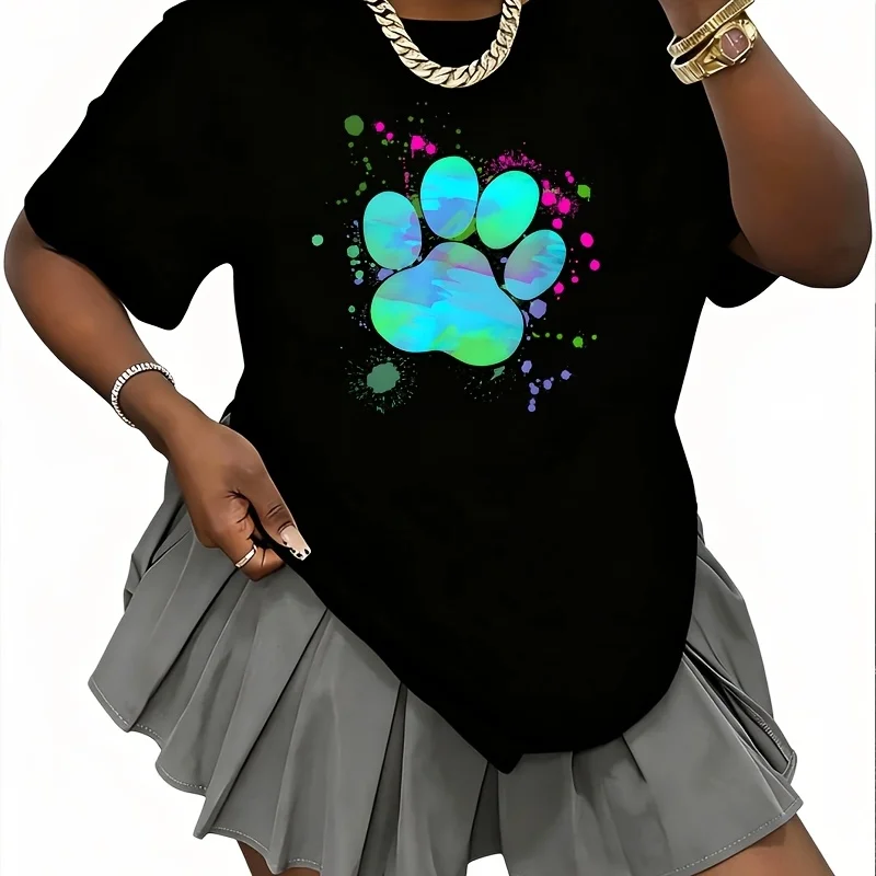 Paw Print Paint Art Graphic Animal Dog Paw Women's 100% Cotton T-Shirt Short Sleeve Top Casual Round Neck Fun Print Tee S-5Xl