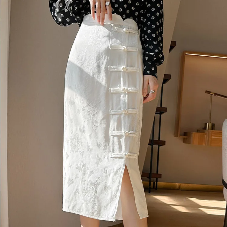 Chinese Style Buckle Skirt Split Cut Women\'s Summer Retro Jacquard, Slim and Buttocks Wrapped One Step Skirt Long Skirt