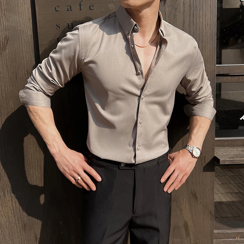 Men's Luxury Solid Color Casual Long Sleeved Shirt Business Office Formal Dress Shirt Slim Fit Social Ball Top Size 7XL-6XL