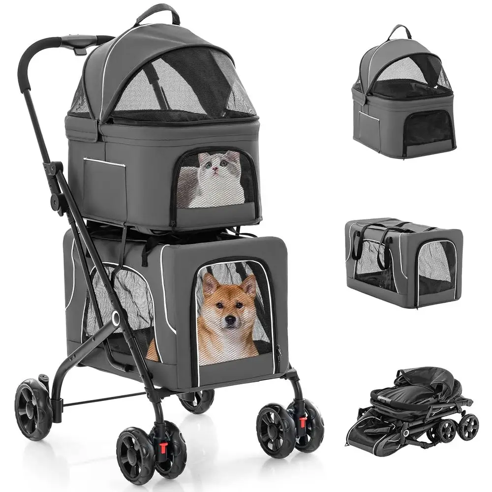 

Folding Pet Stroller for 2 Dogs with Detachable Carriers, Safety Belts, 4 Lockable Wheels, Ideal for Small to Medium Pets (Gray)