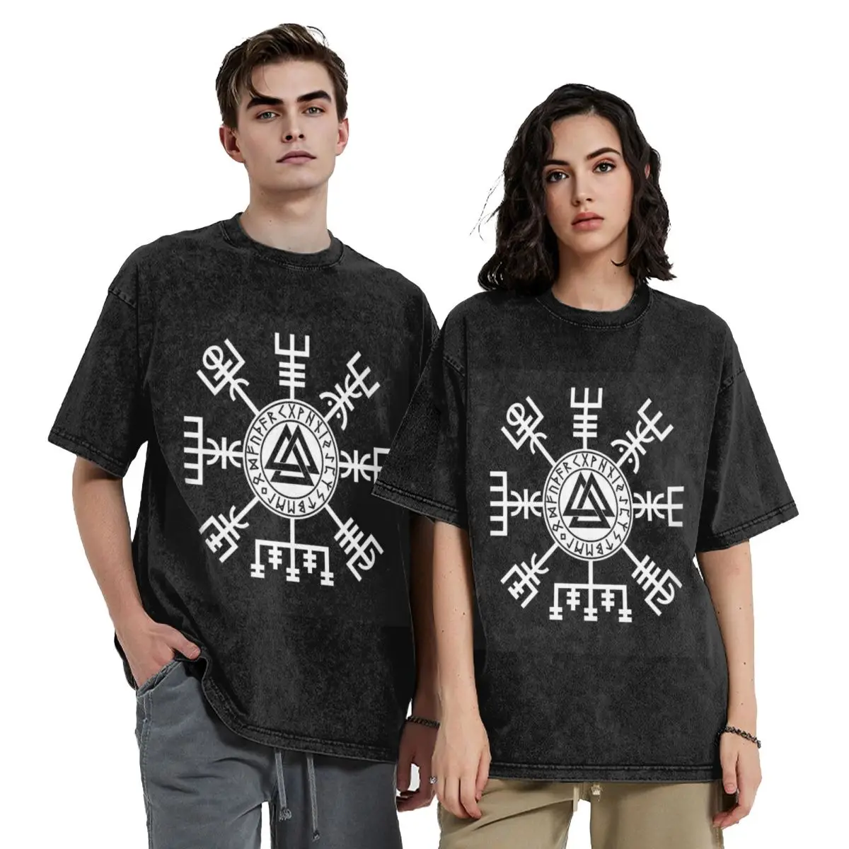 Viking Compass Vegvisir Valknut Symbol Runes Washed T Shirts Vintage Short Sleeve Hip Hop T-Shirt Streetwear Tops Tees