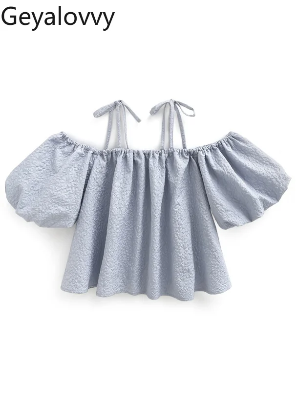 Letnia Nowość 2025 Japońska Koszula Sznurowana z Kokardą Słodkie Dziewczęce Bluzki w Jednolitym Kolorze Bufiaste Krótkie Rękawy Odkryte Ramiona dla Kobiet