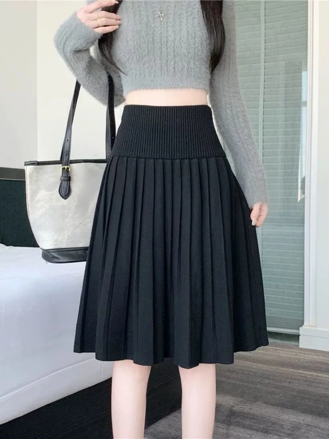 Korean College Style plus Size Knitted Pleated Skirt Women's High Waist Slimming Midi A-Line Skirt Casual High Waist Knitted ...