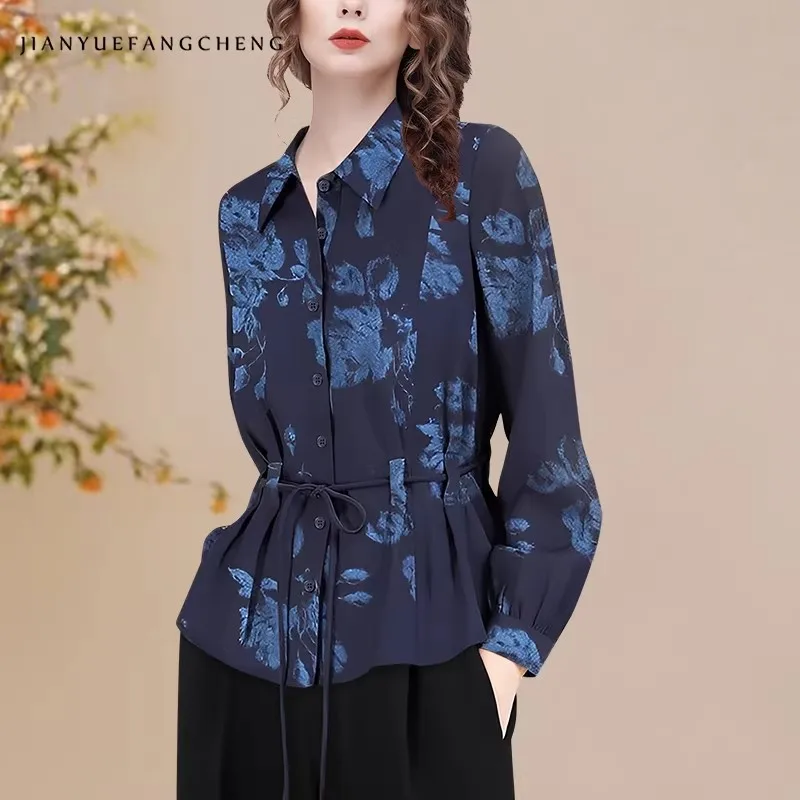 

Fashion Floral Printed Women Long Sleeve Turn-down Collar Knitted Shirt With Belt Button-down Top Retro Casual Stretch Blouses