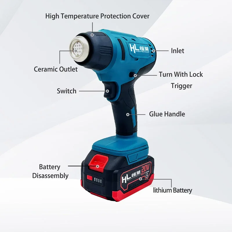 HENGLAI 2000W herramientas de sellado de alta potencia cera pistola de pegamento termo palos pistola de aire caliente eléctrica de litio recargable pistolas de calor inalámbricas