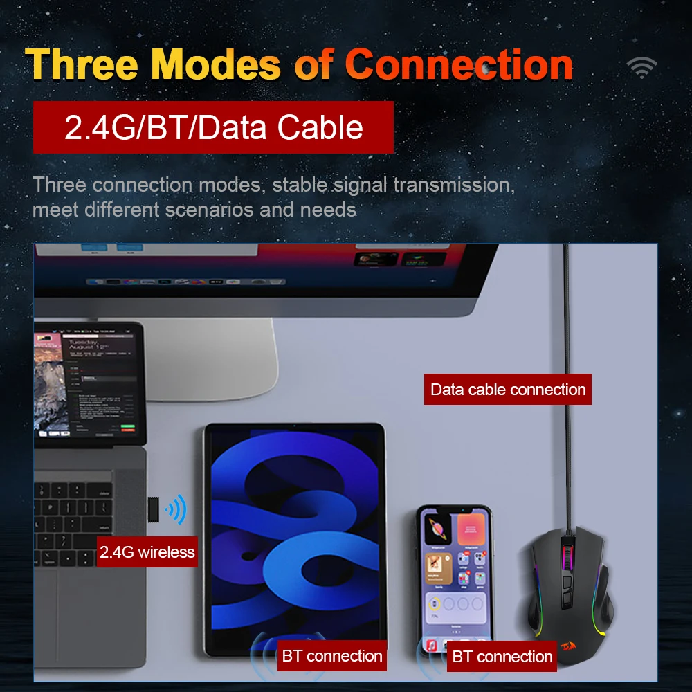 REDRAGON Griffin M602P-KS RGB USB 2.4G دعم لاسلكي بلوتوث ماوس ألعاب سلكي 4800 ديسيبل متوحد الخواص للاعبين الفئران الكمبيوتر الكمبيوتر المحمول