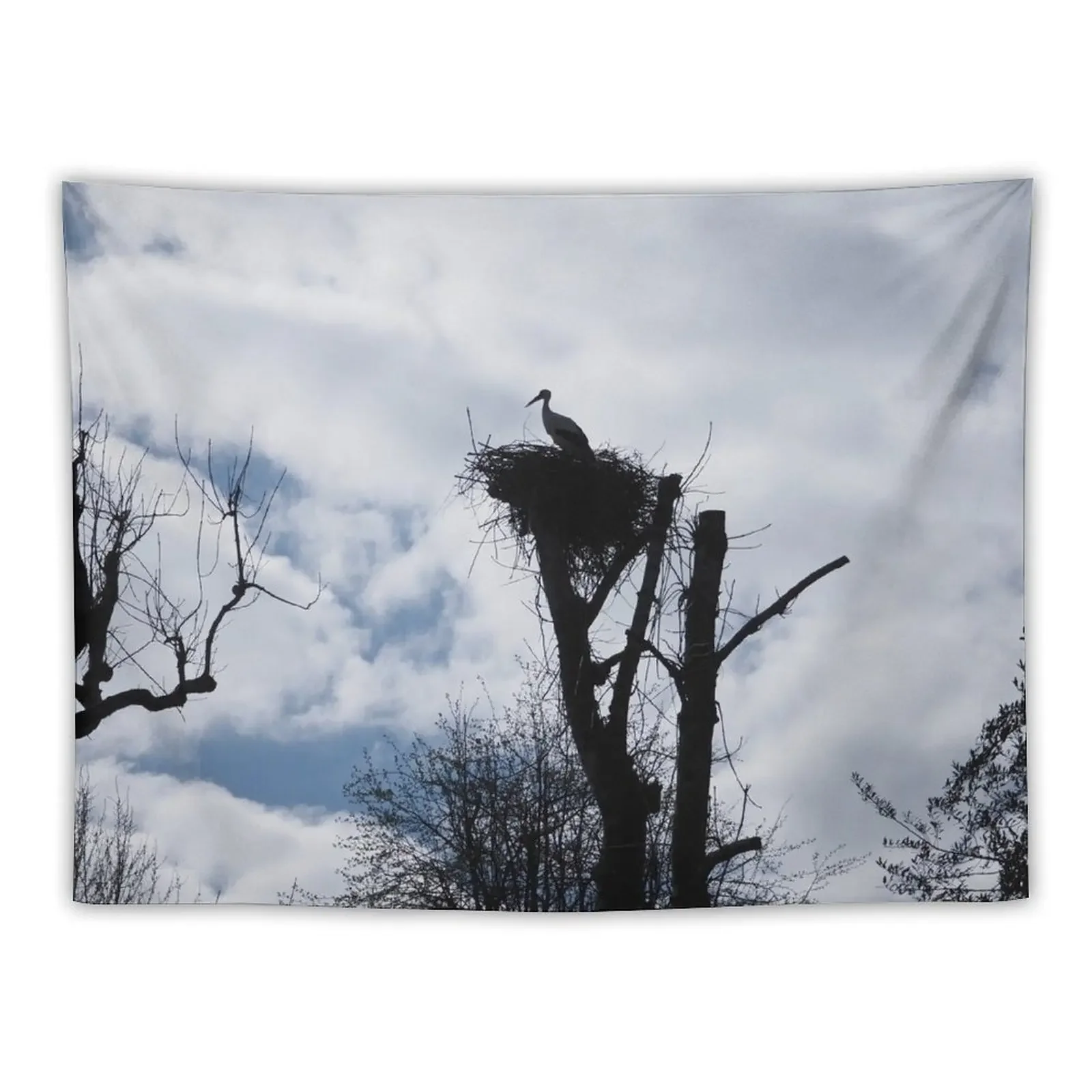 Stork in backlighting on its nest Tapestry Home Decor Accessories On The Wall Tapestry