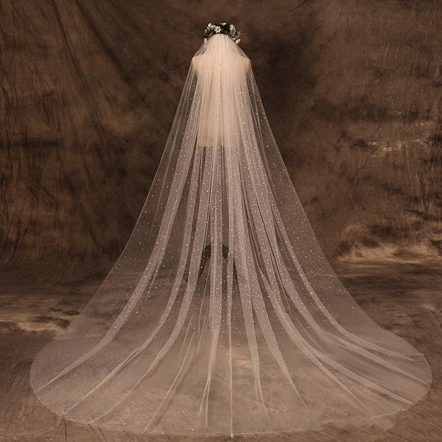 

New Arrival Ivory Cathedral Wedding veils for bride Sequined lace Wedding accessories Voile mariage Sexy Boda Bridal veils