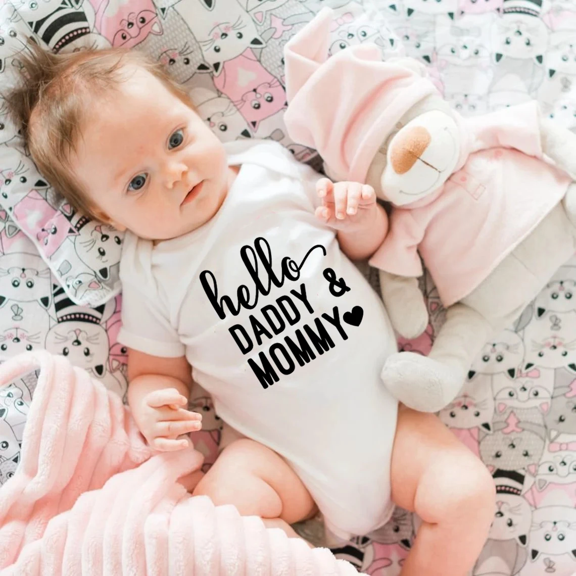 Hello Daddy and Mommy Print Pregnancy Announcement Romper Clothes Infant Newborn Boys Girls Jumpsuit Baby Shower Gifts