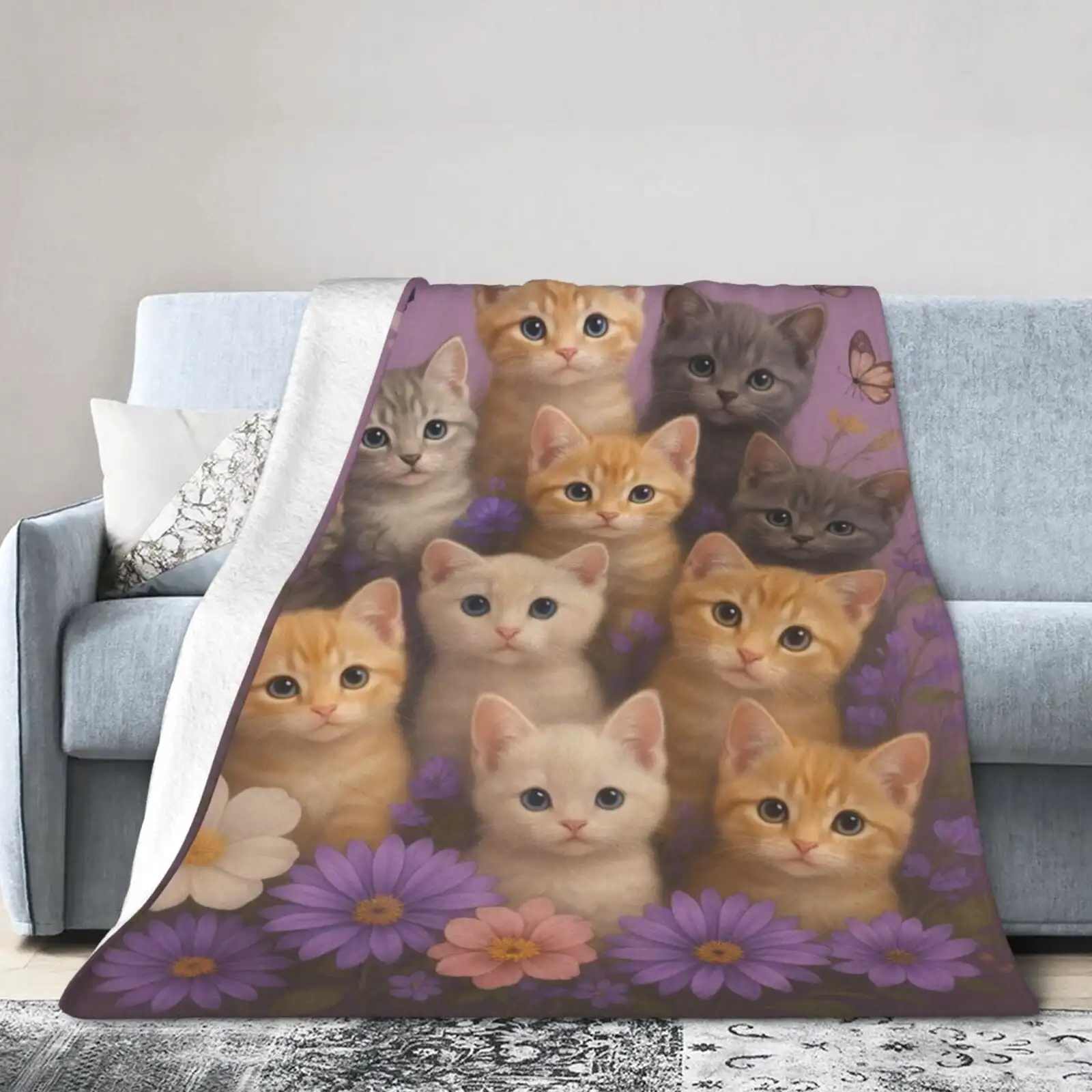 Adorable Kitten Blanket Cute Cat and Butterfly on Lavender Throw Blankets Gifts for Girls Women Adults Lightweight Soft