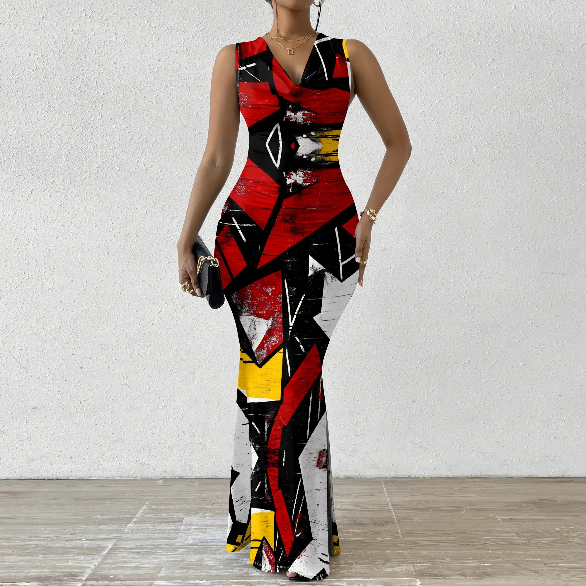 

Women's Elegant Bodycon Maxi Dress Sleeveless Cowl Neck Abstract Art Print Party Gown Slim Fit Evening Dress XS-2XL