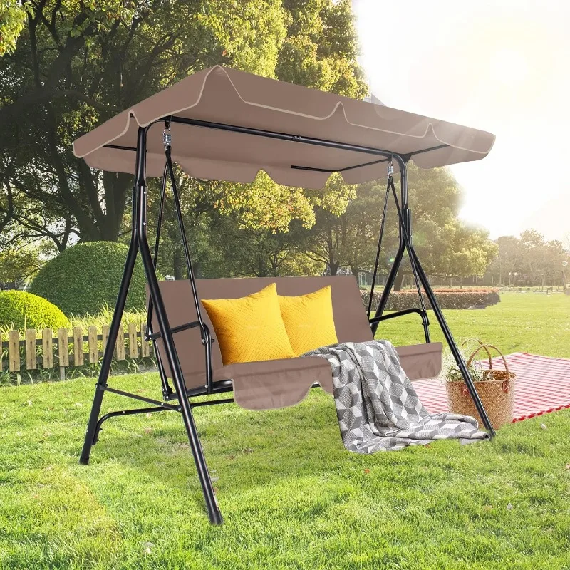 3-Seats Outdoor Patio Swing Chairs with Adjustable Tilt Canopy & Durable Steel Frame, Porch Swing Outdoor Swings for Adults