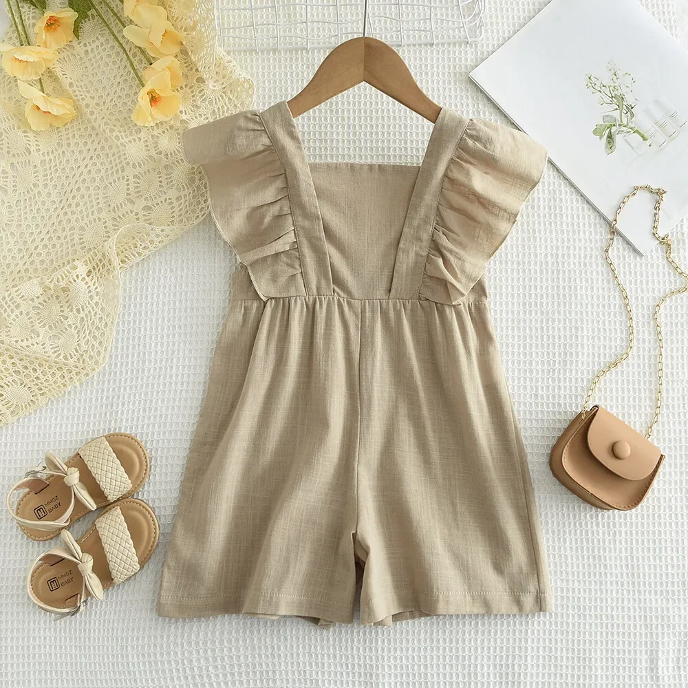 Summer Cotton Girls Jumpsuits One-Pieces Adjustable Flying Sleeves Kids Clothes Solid Color Rompers