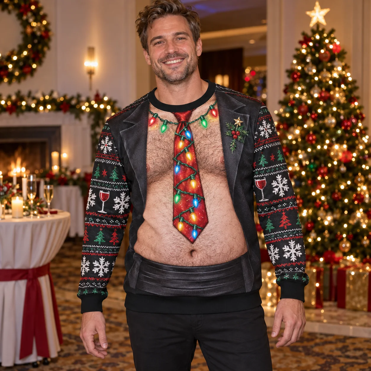 Black Tie Santa Belly Ugly Christmas Sweater Men 3D Print Polyester Crewneck Sweatshirt Funny Holiday Party Pullover