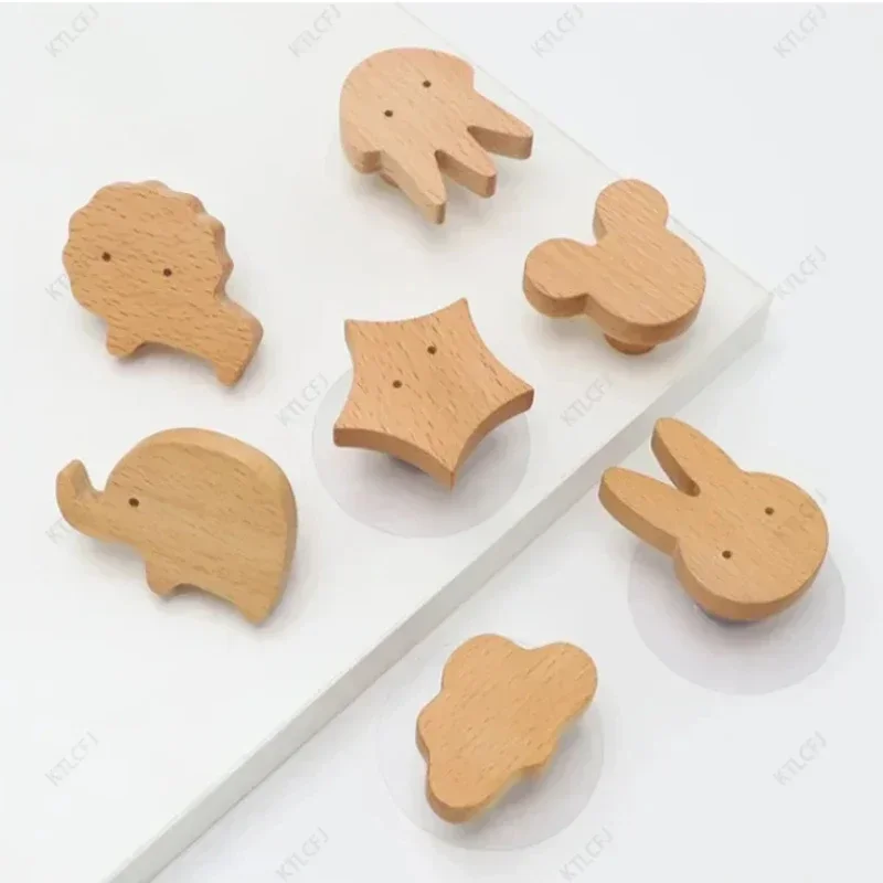 Cute Animal Wood Knobs Children Safty Decoration Handles Kitchen Cabinet Furniture Handle Beech Wood Single Hole Handles