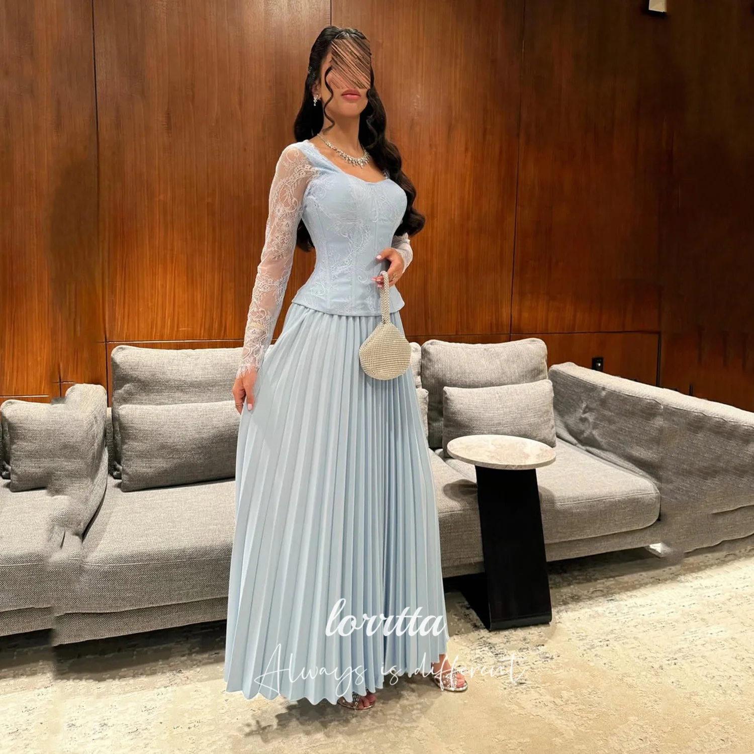 

Lorrtta Blue Women Evening Dress A-line Luxurious Women's Evening Dresses for Special Occasions Customized Crumpled Lace Prom