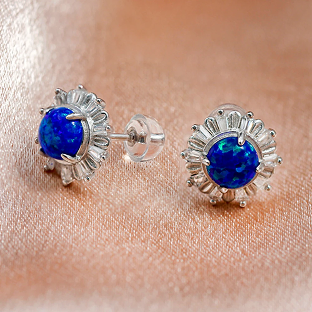 

Tapered Baguette Earrings for Gift Party Sterling Silver Blue Fire Opal Flower Stud Earrings