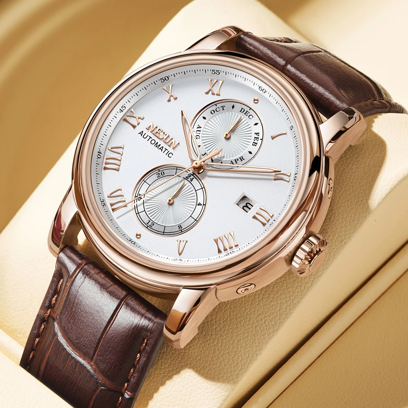 NESUN automatic mechanical watch for men, multi-functional mechanical watch, skeleton men's watch, gentleman's wristwatch