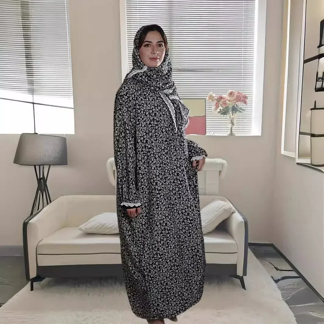 Moroccan Kaftan Muslim Flower Print Dress Vestidos Eid Dubai Abayas Women Dresses One Piece Scarf Long Robe Jalabiya Ramadan