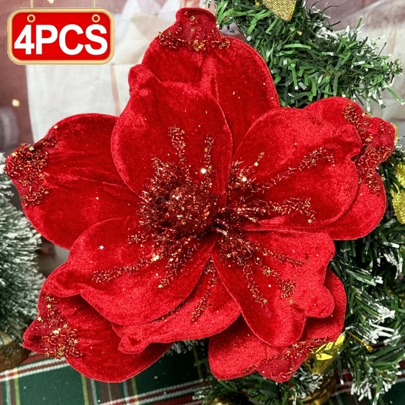 عيد الميلاد زهرة البونسيتة الاصطناعية الأحمر بريق الزهور محاكاة ماغنوليا شجرة عيد الميلاد اكاليل الزفاف زينة حفلات الزفاف #1