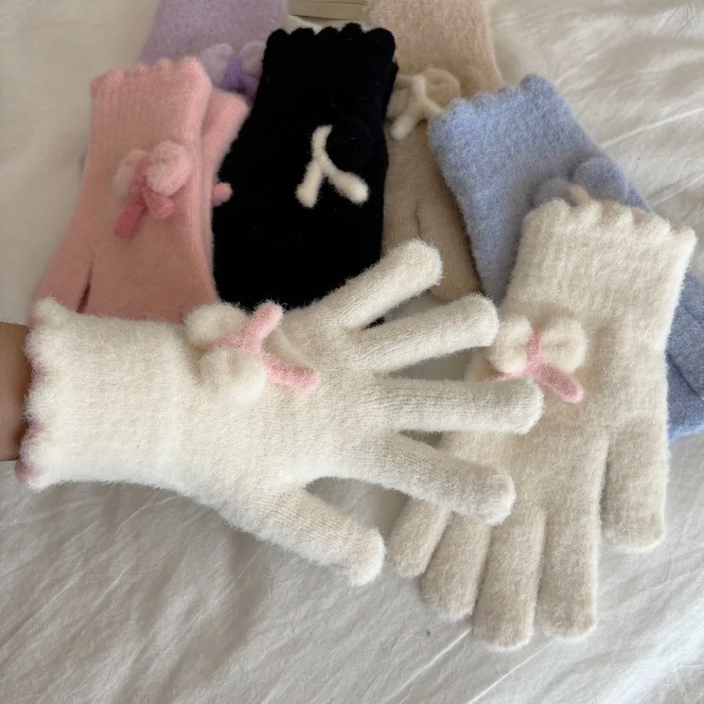 

Модные утолщенные вязаные перчатки, сохраняющие тепло, морозостойкие перчатки с сенсорным экраном, женские перчатки с бантом и пятью пальцами