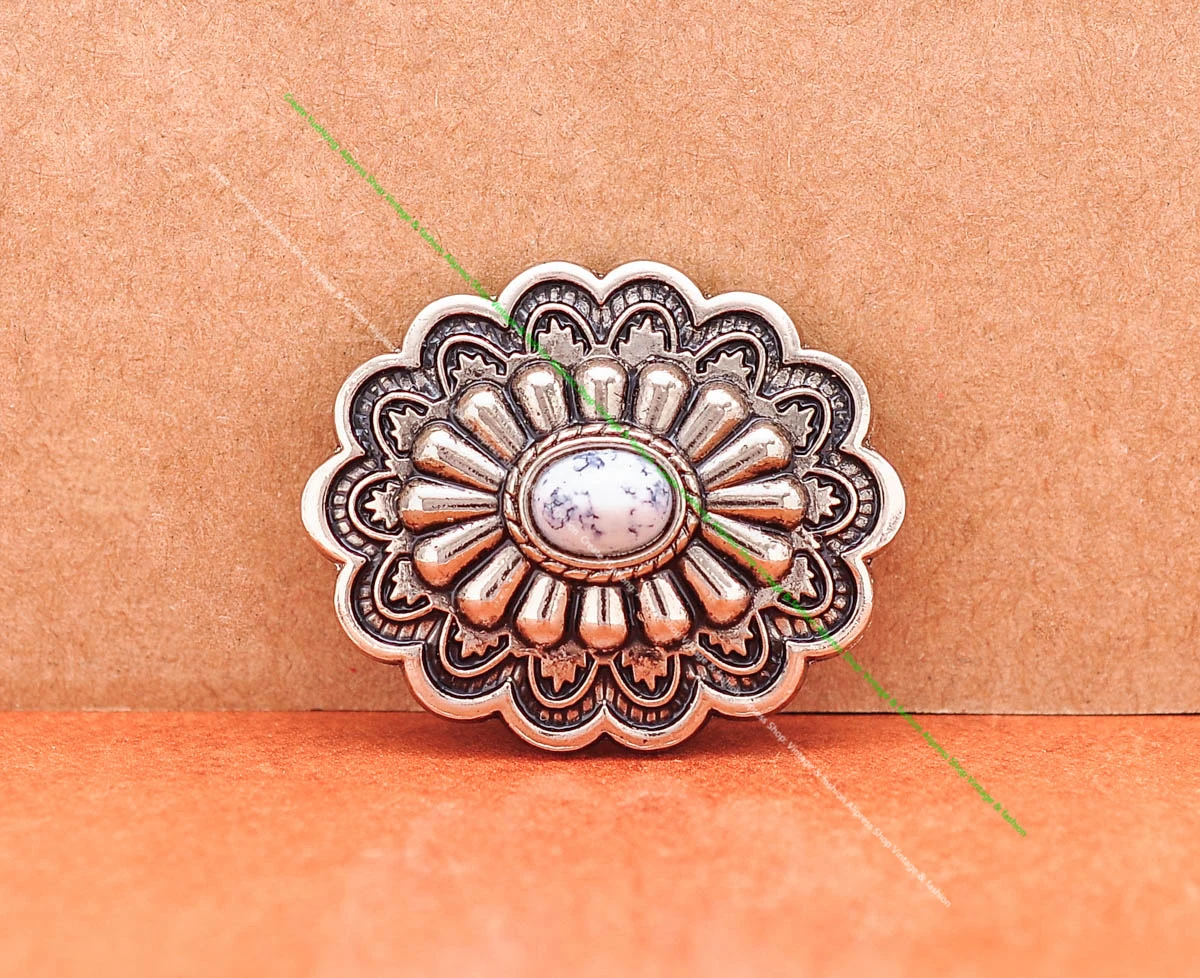 35*28MM Antik Silber Ethnische Indische Blumenkunst Himmelblau Türkis Concho Screwback Für Lederhandwerk Gürteltasche Hut Hardware – Detail 1