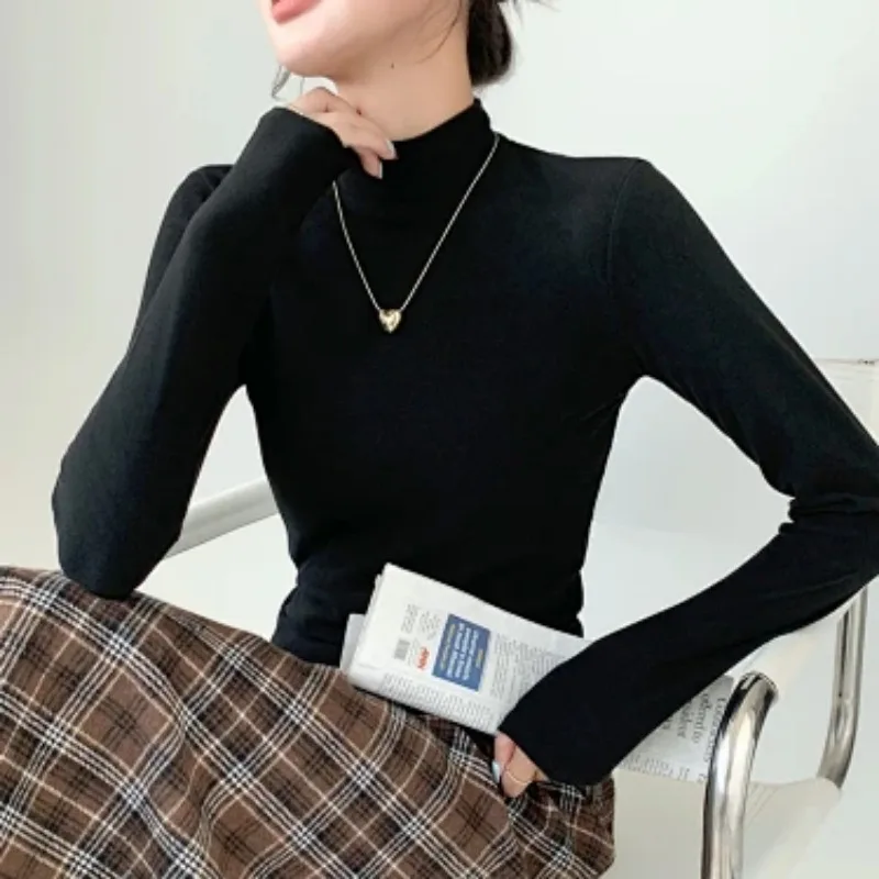 Women Brushed Mock Neck Long Sleeve Top Slim Fit Shoulder Cut Warm Casual Inner Base Shirt For Autumn Winter