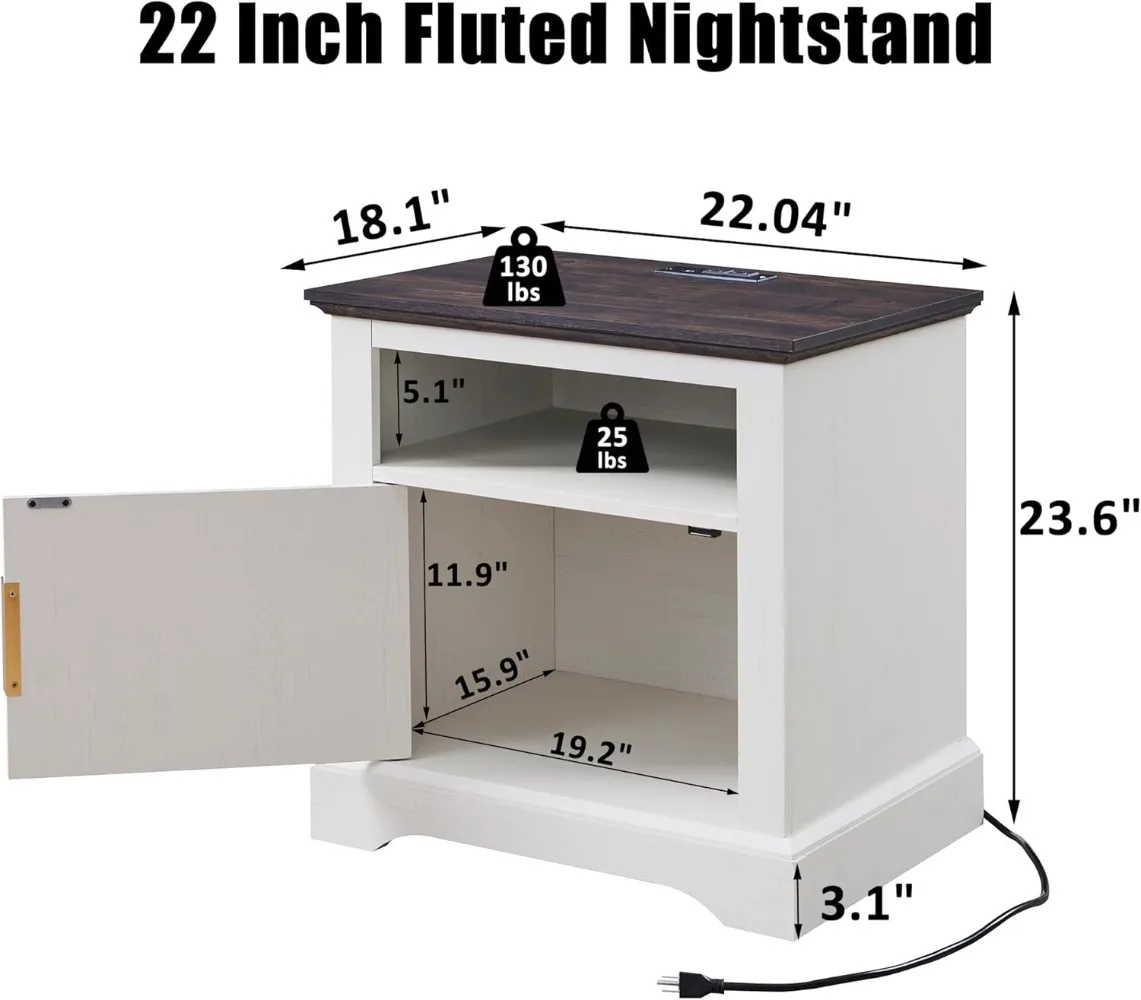 Fluted Nightstand with Charging Station, 22