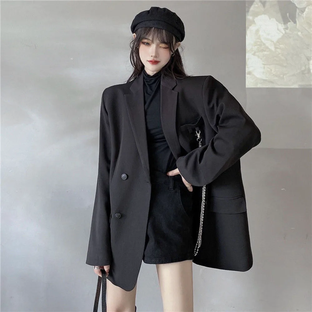 Gothic New Suit Jacket Women's Trendy Dark Black Style Vintage Loose Street Blazer Coat Women Spring Autumn Chain Ladies Outwear