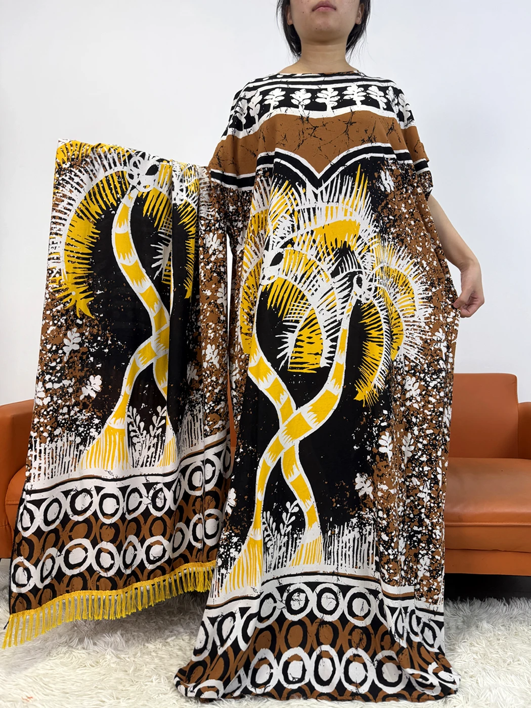 Muslim Abayas For Women 2025 Printed Cotton Loose Femme Robe African Dresses Nigerian Novelty Clothes With 160x80cm Lace Scarf