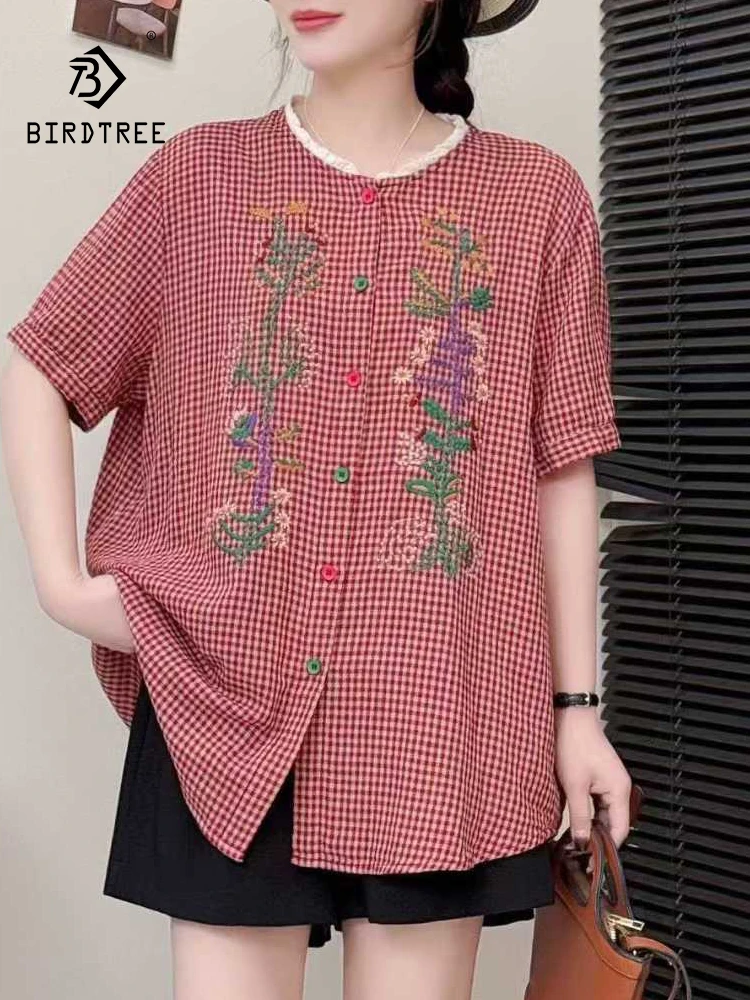 

Новая летняя женская хлопковая рубашка с коротким рукавом 2026 года, с рюшами и вышивкой в стиле «гусиная лапка», свободная блузка в стиле «Мори гёрл» для повседневной носки T63981CC