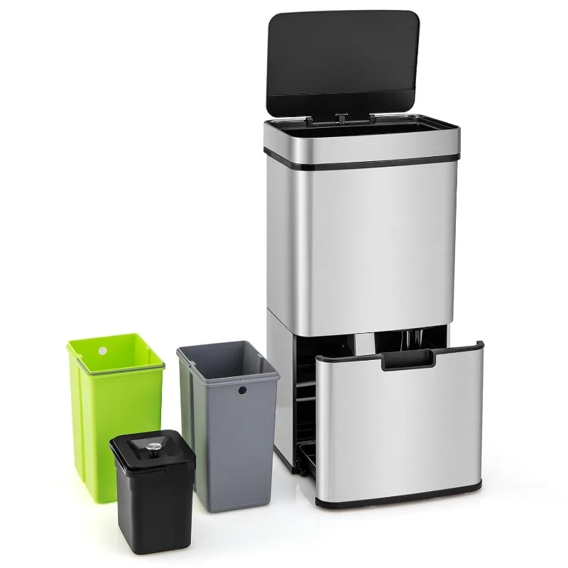

19 Gal Stainless Steel Trash Can, 72 L Volume in 4 Containers, Motion Sensor Trash Bin w/Kitchen Waste Bin & 2 Bottom Rec