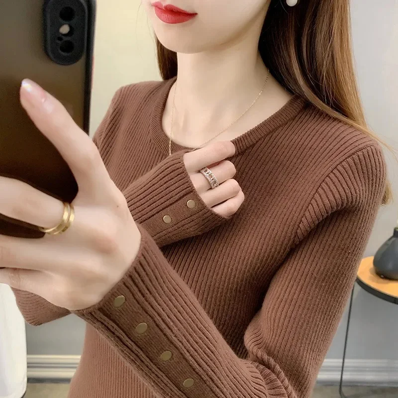 Fashion Women Long Sleeve Knitted Sweaters Spring Autumn New Solid Slim O-Neck Korean Basic Casual Bottoming Pullovers Tops