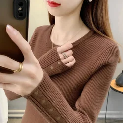 Fashion Women Long Sleeve Knitted Sweaters Spring Autumn New Solid Slim O-Neck Korean Basic Casual Bottoming Pullovers Tops