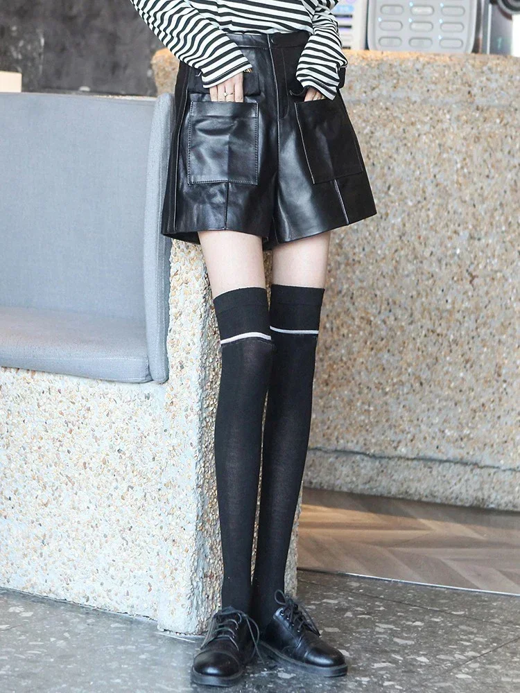 Tajiyane 2023 Spring Genuine Leather Shorts for Women Clothing Korean Boots Pants Sheepskin Black Wide Leg Pants Femme