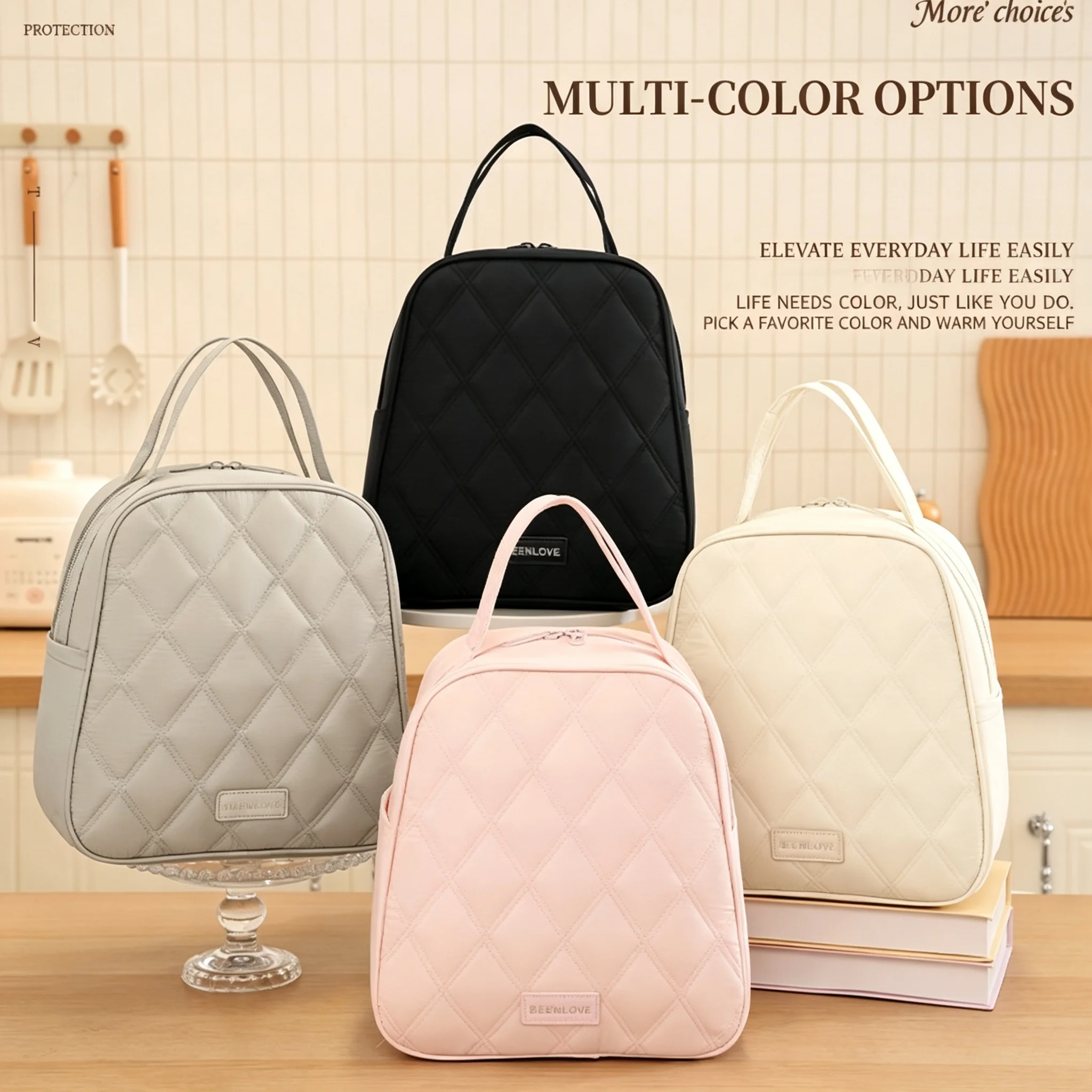 Quilted Insulated Lunch Bag, Portable Thermal Lunch Tote with Side Pocket, Reusable Cooler Handbag for Office, School, Picnic