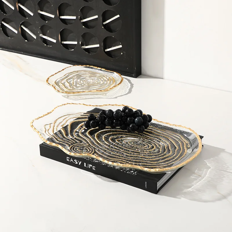 

Creative modern light luxury gold foil glass dinner plate, fashion exhibition hall villa dining table fruit plate ornament