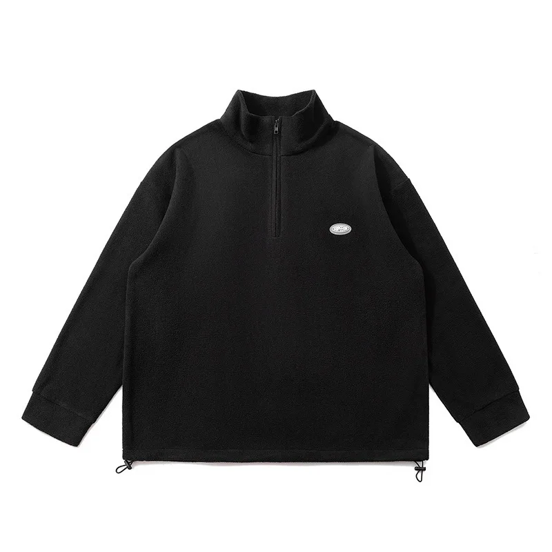 남성용 미니멀리스트 스탠드 업 칼라 하프 지퍼 플리스 후디, 트렌디 브랜드, 루즈 캐주얼, 다목적 스포츠 탑, 2024 가을 신상