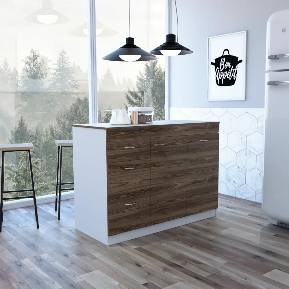 Lemari Dasar Dapur Tiga Laci Dua Rak Internal Kenari Putih / Gelap