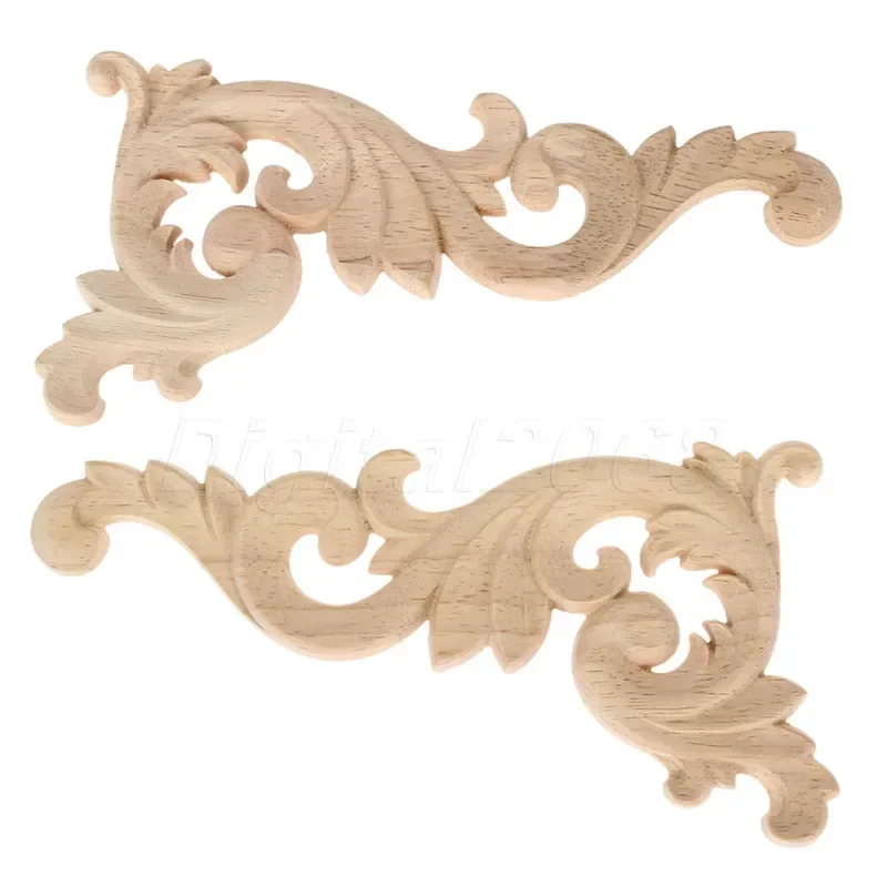 2pcs 15*8*0.8CM Left and Right  Wood Carved Corner Onlay Applique Unpainted Frame Decal Carpenter Decoration Furniture Decorate