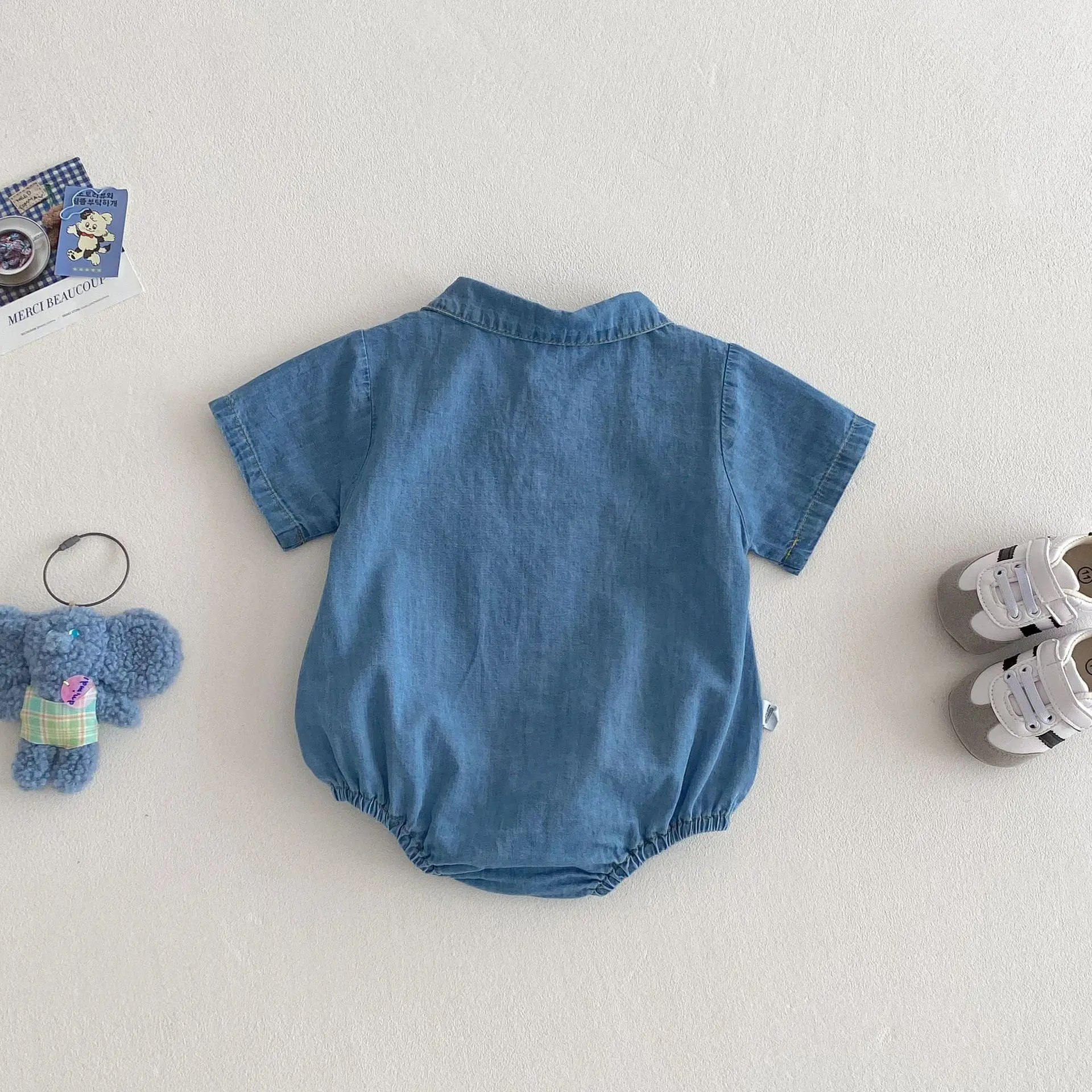 Baby Boys' Denim Overalls, 2025 Summer - Korean Inspired, Cartoon Pocket Design with Ruffle Trim Infant Essentials