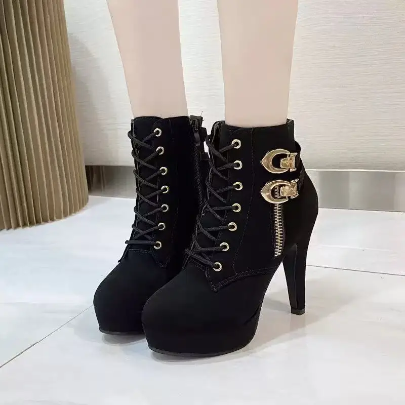Women Chunky Heeled Ankle Boots Woman Metal Decoration High Heels Booties Autumn Lace Up Platform Short Boots Plus Size 43