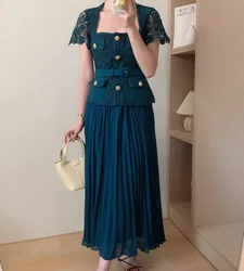green Lace Women Dress Bodycon Square Neck Patchwork Elegant Dresses Evening Party Golden Button Luxury Design Vestidos Chic