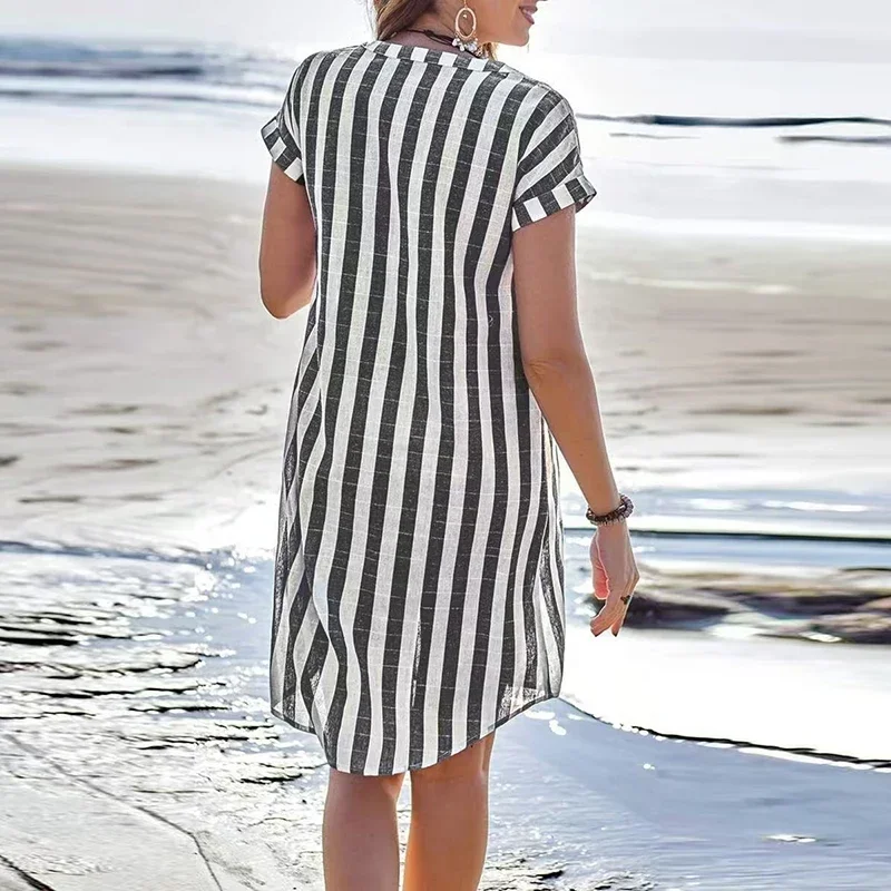 ファッション半袖ターンダウンカラーシャツワンピース レディース Vネック ストライプ柄 プリント パーティー ドレス カジュアル ショート丈ワンピース ボヘミアン