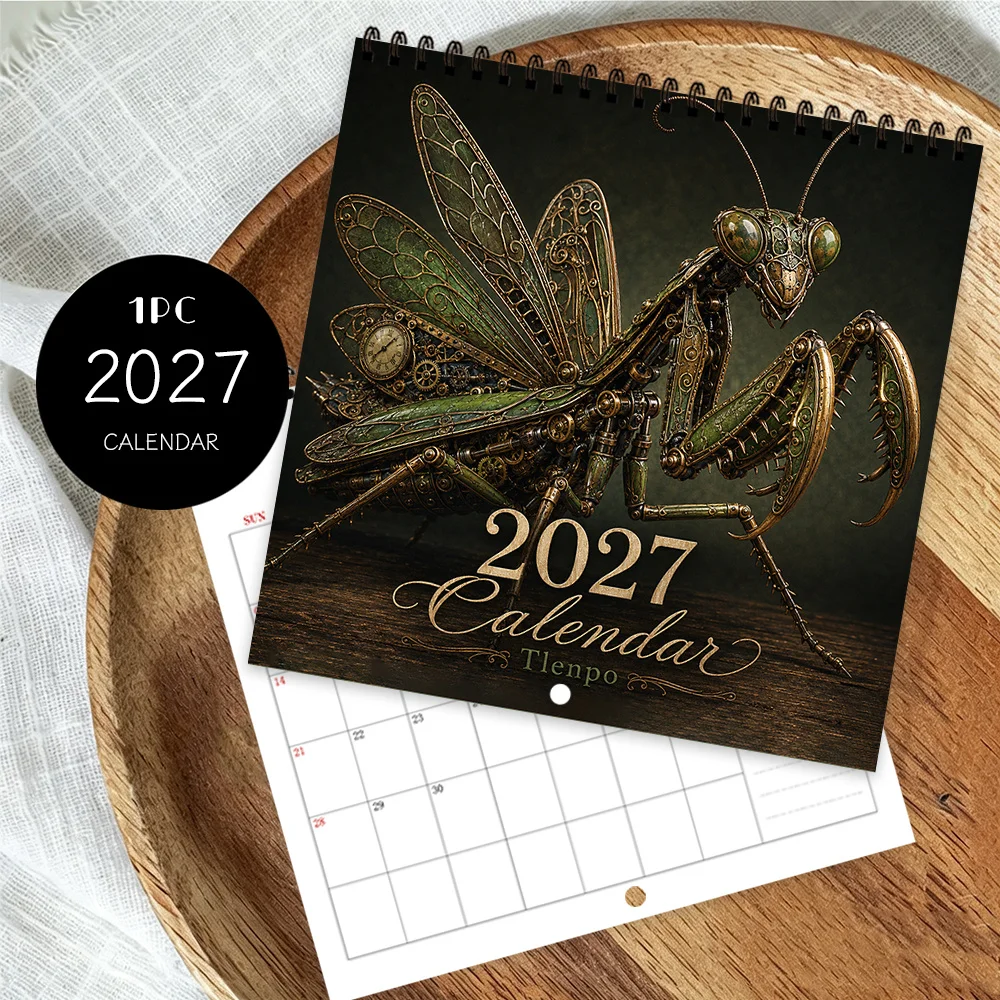 1pc 2027 Mechanical Mantis Wall Calendar,12‑Month Planner,Gift for Back‑to‑School,Christmas,,New Year,Free Stickers Included
