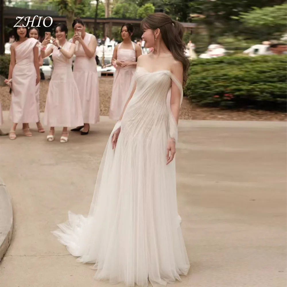 ZHIO الوهم تول فستان حفلات الزفاف قبالة الكتف مفتوحة الظهر سويب تراين فساتين السهرة كوريا فستان زفاف مخصص Malam dersress