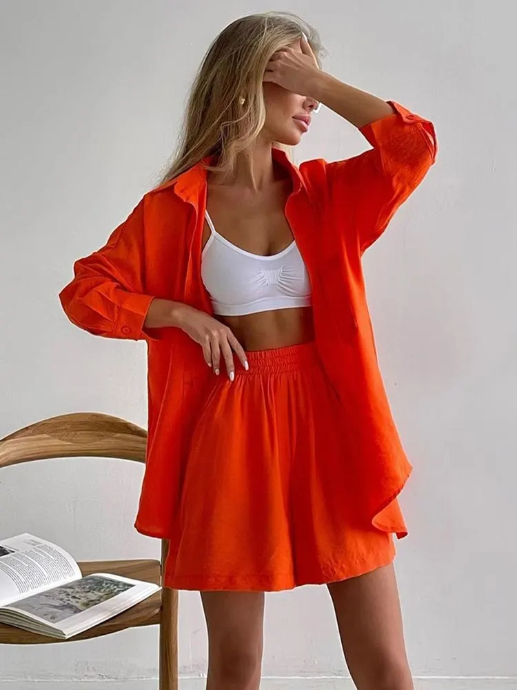 2024 Spring Summer New Solid Two Piece Short Set Single breasted Long sleeved Blouse Loose Fashion Casual Shorts Set