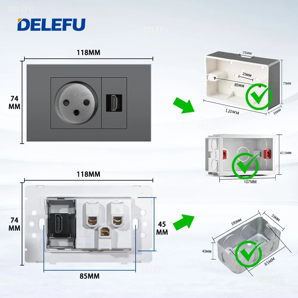 DELEFU Fire Retardant SC31 Panel Grey Israel Standard USB Type C Fast Charging Wall Socket Switch Satellite TV Phone CAT5 CAT6