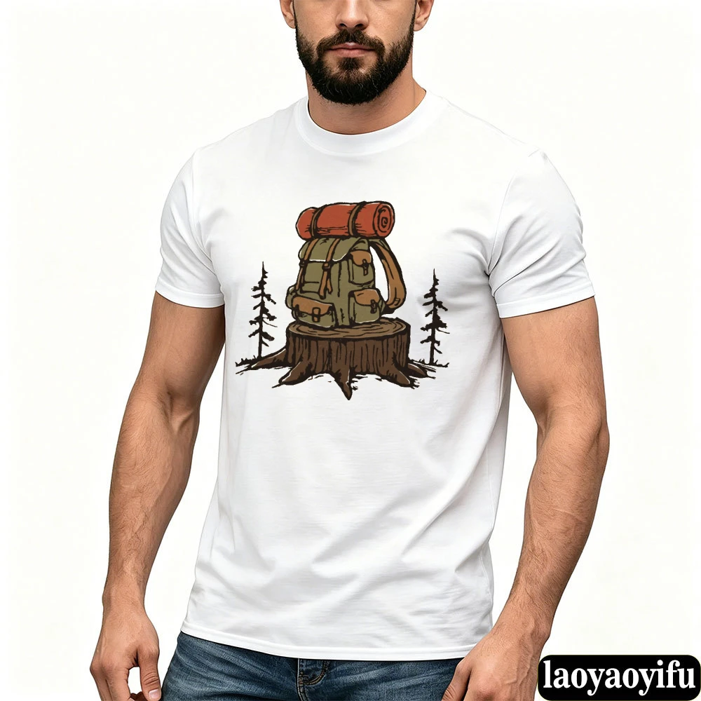 Hiking Backpack On Tree Stump Outline Design Men Outdoor Wanderlust T Shirt Nature Camping Trekking Graphic Tee